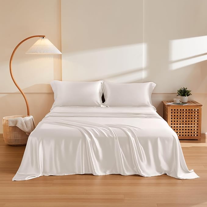 THXSILK Silk Sheet Set 4Pcs, 6A+ Top Grade 100% Natural Mulberry Silk Bed Sheets, Luxury Bedding Sets Ultra Soft Durable, 1 Fitted Sheet, 1 Flat Sheet and 2 Pillow Shams (King, Pearl White)