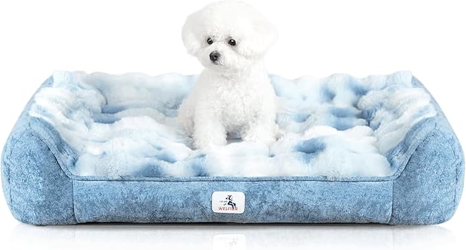 Orthopedic Dog Bed for Large Dogs - 35" Faux Fur Pet Couch with Removable Washable Cover, Nonskid Bottom, Supportive Foam, Comfortable Dog Sofa Bed for Medium Large Dogs, Tie-Dyed Blue