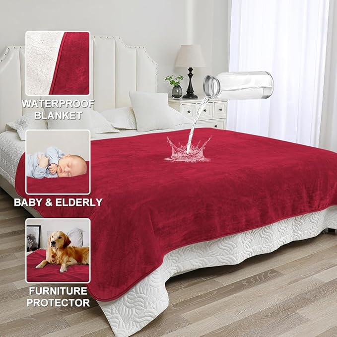 Waterproof Blanket for Couples – Ideal for Couch & Bed Splash Proof Sherpa Throw, Leakproof TPU Layer, Stain Resistant Washable Bed Protector – Burgundy, 80"x60"