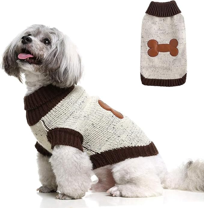 BINGPET Turtle Neck Knitted Dog Sweater,Dog Sweaters for Small Medium Large Dogs with Brown Bone Pattern,Puppy Winter Warm Cloth for Cold Weather Thermal Wear