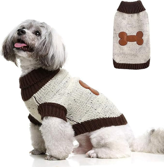 BINGPET Turtle Neck Dog Sweater - Brown Bone Pattern - Puppy Winter Warm Cloth for Small Medium Large Dogs