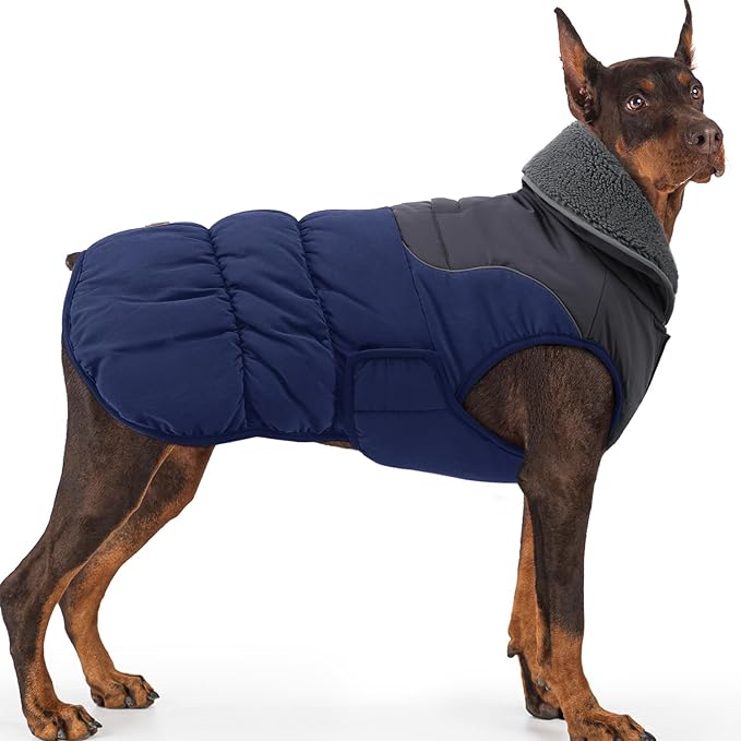 EMUST Dog Winter Jacket XXL, Soft Cozy Large Dog Coat with Leash Hole, Solid Color Reflective Pet Cold Weather Coats for Large Dogs Windproof, Dark Blue
