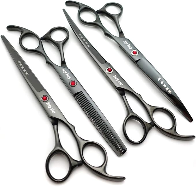 KINGSTAR 7.0in Titanium Black Professional Pet Grooming Scissors Set,Straight & Thinning & Curved Scissors 4pcs Set for Dog Grooming,(Black)