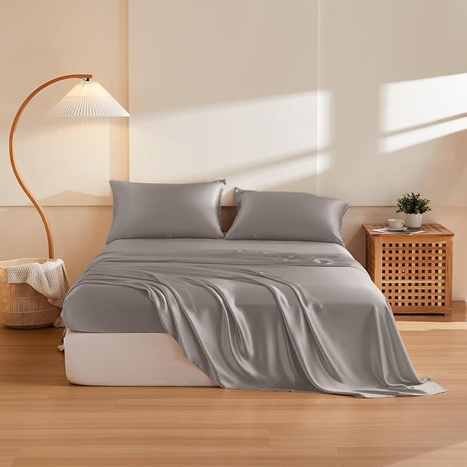 THXSILK Silk Sheet Set 5Pcs, 6A+ Top Grade 100% Pure Mulberry Silk Bed Sheets, Ultra Soft Durable Bedding Sets Safe Material, 2 Fitted Sheet, 1 Flat Sheet and 2 Pillowcases (Split King, Grey)