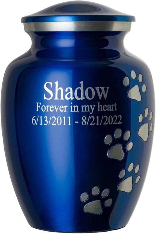 Pet Urn for Dogs and Cats with Personalized Laser Engraving, Ottillie Paws Premier Series Memorial Urns (Medium Sapphire Blue with Vertical Pewter Paws)