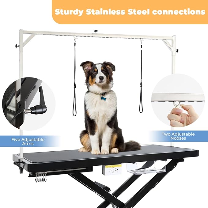 Electric Pet Dog Grooming Table, 50" Heavy Duty Grooming Table Professional X-Lift for Large Dogs Adjustable Height: 11.3"-40" Non-slip, AC Outlets, Storage Tray, 2 Nooses, Black
