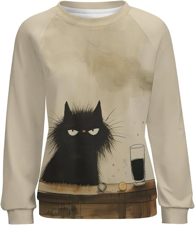 Biacolum Long Sleeve Shirts for Women Mid Century Retro Style Atomic Cat 3D Graphic Sweatshirts Fall Crewneck Pullover Top