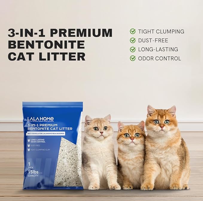 LALAHOME Premium Bentonite Cat Litter Sodium-Based, Clumping Cat Litter, Dust-Free, Strong Durability, Odor Control, Unscented Natural Mineral Formula Kitty Litter Bluk for RealScooper, 3 x 15 lb. Box