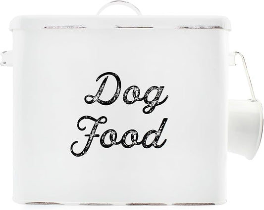 AuldHome Design Rustic Dog Food Canister, White Farmhouse Style Storage Bin for Small Dogs
