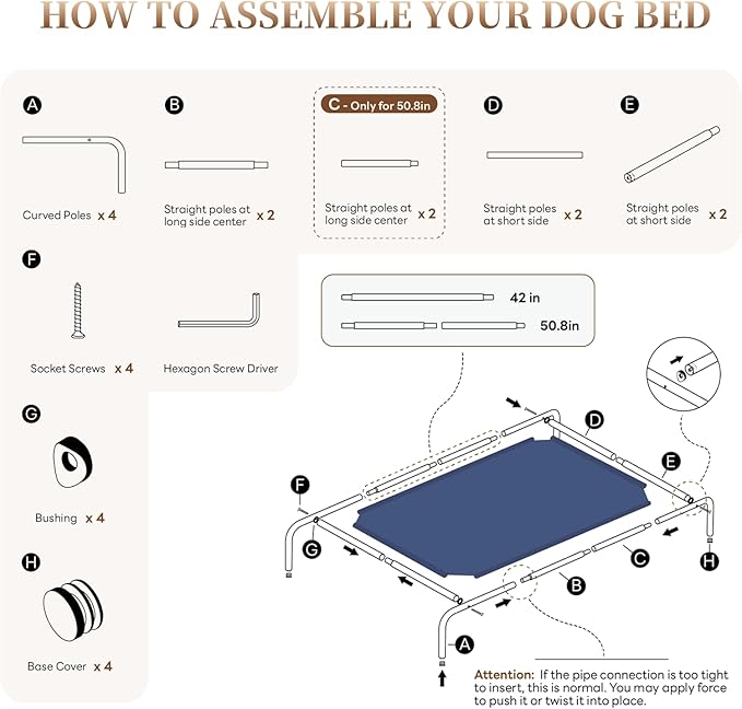 Elevated Dog Bed for Large Dogs, Washable Raised Cot with Skid-Resistant Feet, Waterproof Cooling Dog Beds with Oxford Cloth, Indoor/Outdoor Use, Khaki 50in