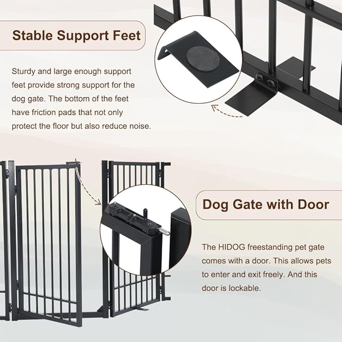 Metal Freestanding Dog Gate with Door, Extra Wide 121", 31" Height Foldable Dog Gates for Doorways, Tall Pet Fence Indoor Outdoor Pet Gates, 6 Panels Pet Barrier for Stairs Hallways, Black