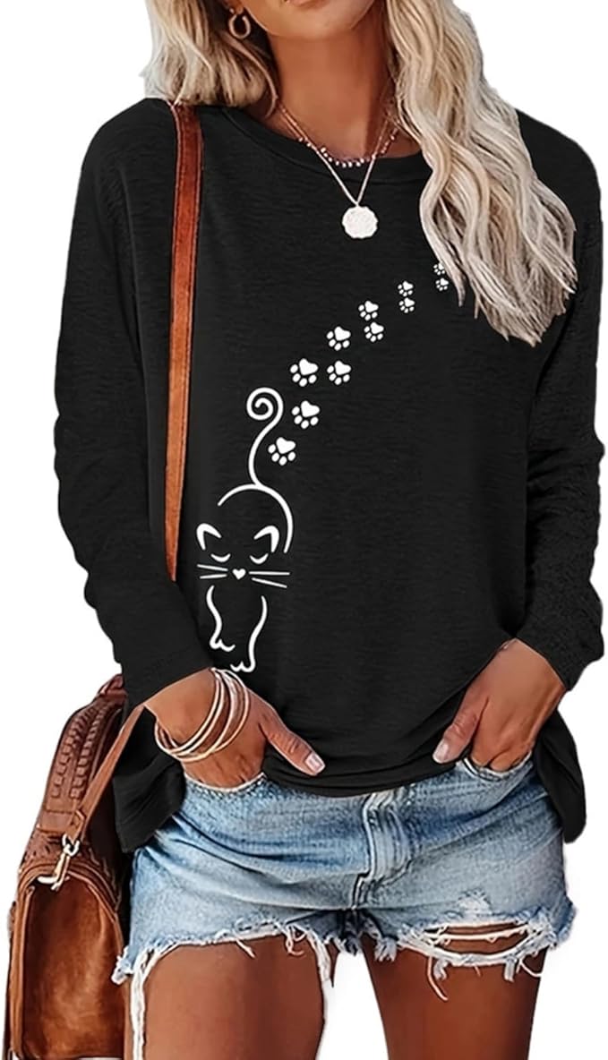 Women's Long Sleeve tees Cat Mom Graphic Tee Shirts Womens Graphic t Shirts Pullover Tops