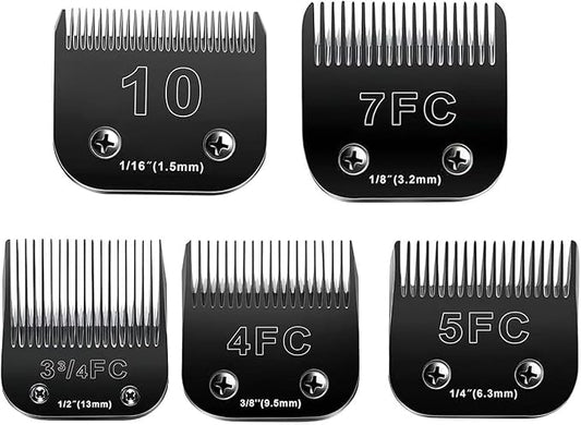 Audoc 10 Blades Dog Grooming Blades Compatible with Andis/Oster A5/Wahl KM-10 Series Dog Clippers,Detachable Clipper Replacement Blade,Black (5PCS Black-#10+3FC+4FC+5FC+7FC)
