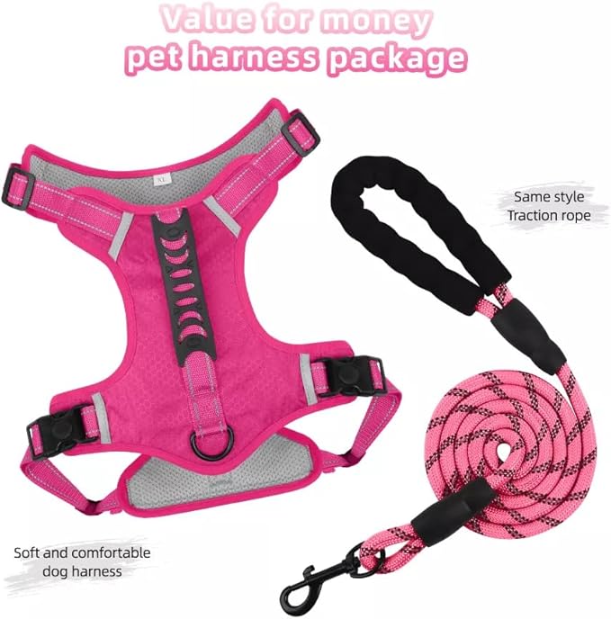 Dog Harness No Pull Adjustable Reflective,for Medium and Large Small Dog with Leash 59.06in (Fuscia, M)