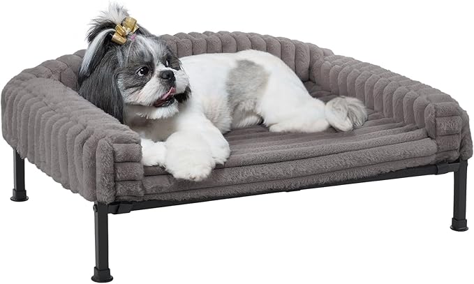 Veehoo Elevated Dog Bed with Bolster Cushion, Fluffy Plush Dog Couch Beds for Small Dogs, Cats, Washable Raised Pet Cot with Non-Slip Feet for Indoor or Patios Use, 30 x 20 Inches, Grey