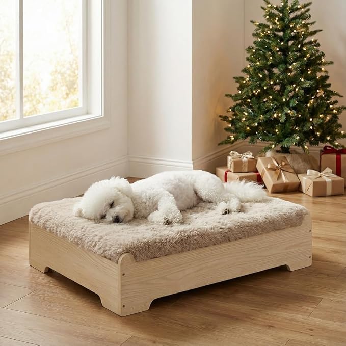 GLOSSGODS Elevated Dog Bed Frame and Mattress with Washable Cover, Naturalwood S Puppy Up to 40 lbs