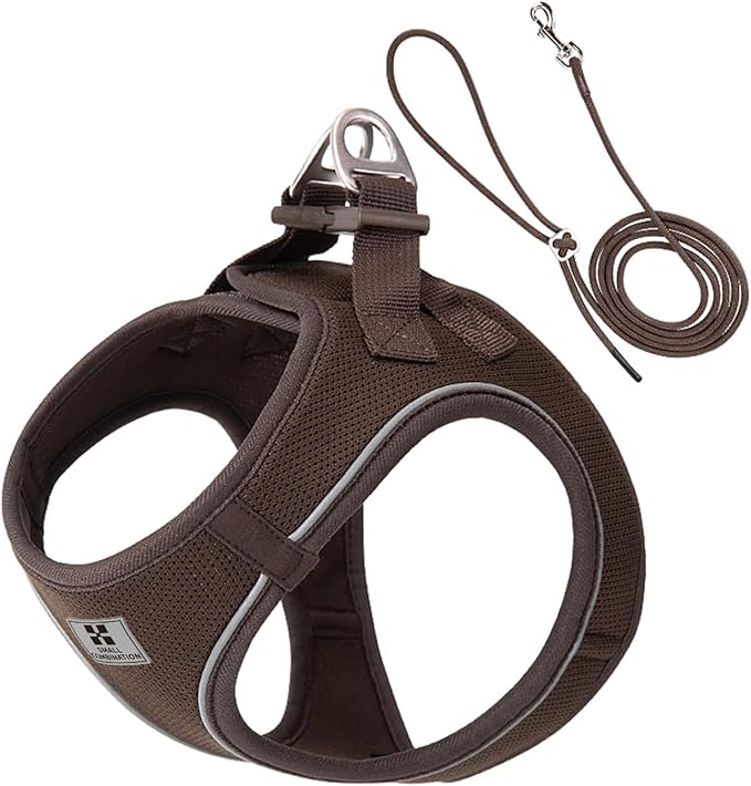 Adjustable Dog Harness with Leash, Reflective Mesh, No-Pull Design，Matching Lead Rope (Brown, L)