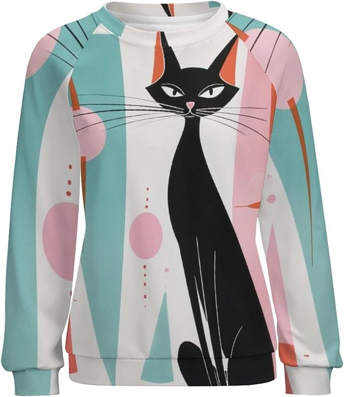 Biacolum Long Sleeve Shirts for Women Mid Century Retro Style Atomic Cat 3D Graphic Sweatshirts Fall Crewneck Pullover Top