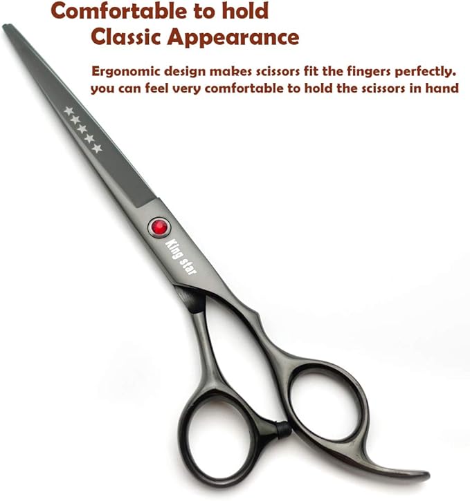 KINGSTAR 7.0in Titanium Black Professional Pet Grooming Scissors Set,Straight & Thinning & Curved Scissors 4pcs Set for Dog Grooming,(Black)