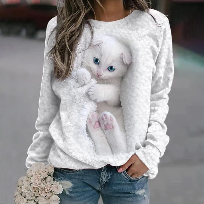 Womens Cute Cat Print Sweatshirts Long Sleeve Lightweight Crew Neck Shirts Casual Trendy Tops Spring