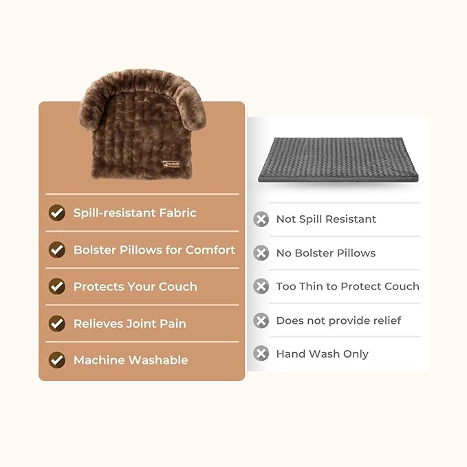 Pelsbarn Dog Bed for Couch, Luxurious Sofa Bed for Dogs with Non-Slip Oxford Bottom - Faux Rabbit Fur with Removable Cover, Small, Brown - 28x28 in