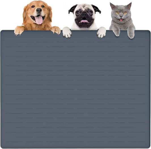 Largest Dog Food Mat, 39.5"x29.5" Silicone Dog and Cat Mat for Food and Water Bowls, Thinken Waterproof Non-Slip XXXL Pet Feeding Mat for Floors (Grayish Blue)