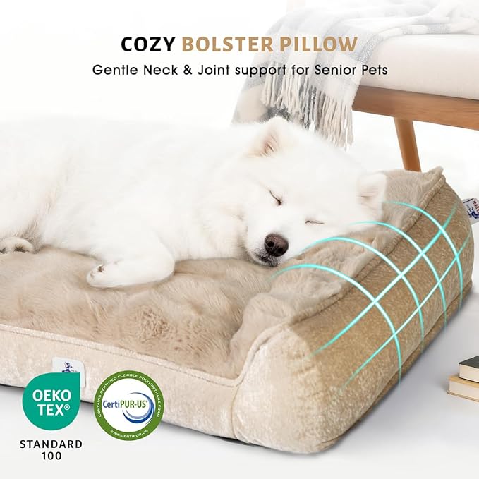 Orthopedic Dog Bed for Large Dogs - 35" Faux Fur Pet Couch with Removable Washable Cover, Nonskid Bottom, Supportive Foam, Comfortable Dog Sofa Bed for Medium Large Dogs, Taupe