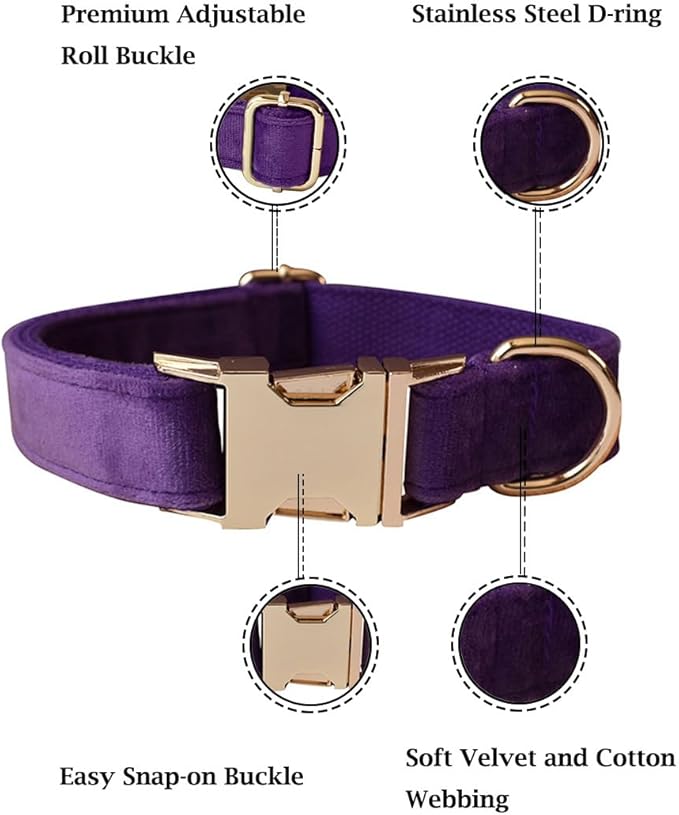 Velvet Dog Collar and Leash Set, Bright & Stylish Leash and Collar Set, Durable Pet Collars with Heavy Duty Quick Release Metal Buckle Adjustable for Samll Medium Large Dogs or Cats