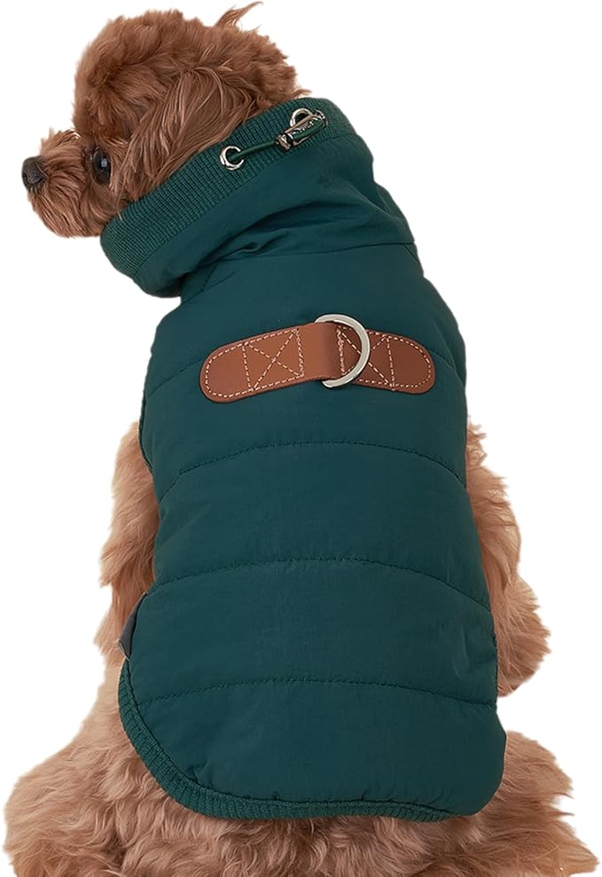 Dog Winter Coat with Neck Guard, Adjustable Neck, Chest Velcro & Detachable Buckle, Warm Polyester Lining, Multi-Way Wear for Small Dogs (Dark Green, XX-Large)
