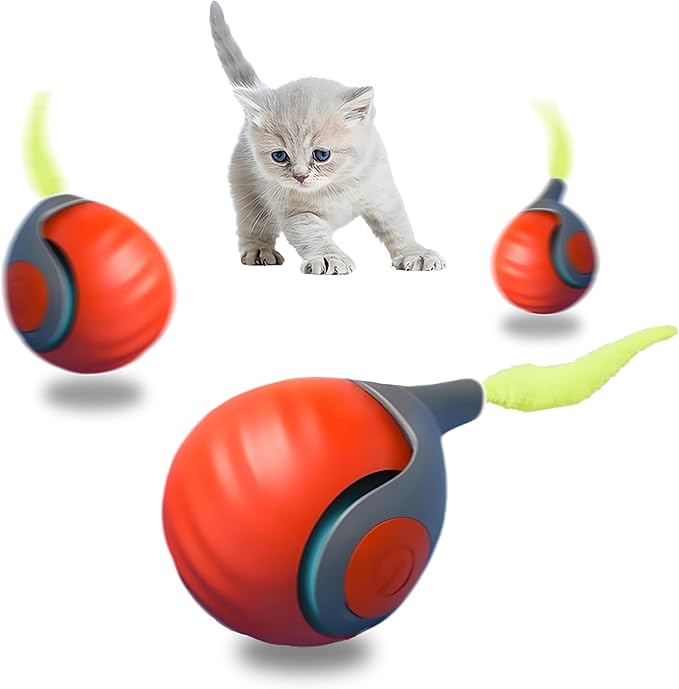 Pamerco Automatic Cat Ball Toy with 2 Feather Tails - Rechargeable Interactive Cat Toys, 2-Speed Motion Activated Roller for Indoor Cats to Relieve Boredom (Small/Medium/Large Cats) (Orange)