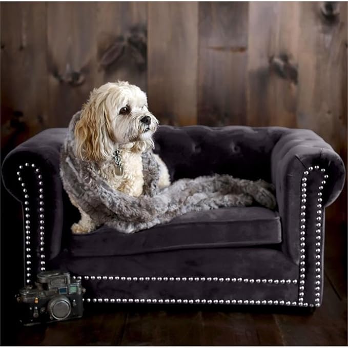 TOV Furniture The Dachshund Collection Velvet Upholstered Handmade Elevated Sofa Pet Dog Bed, Gray