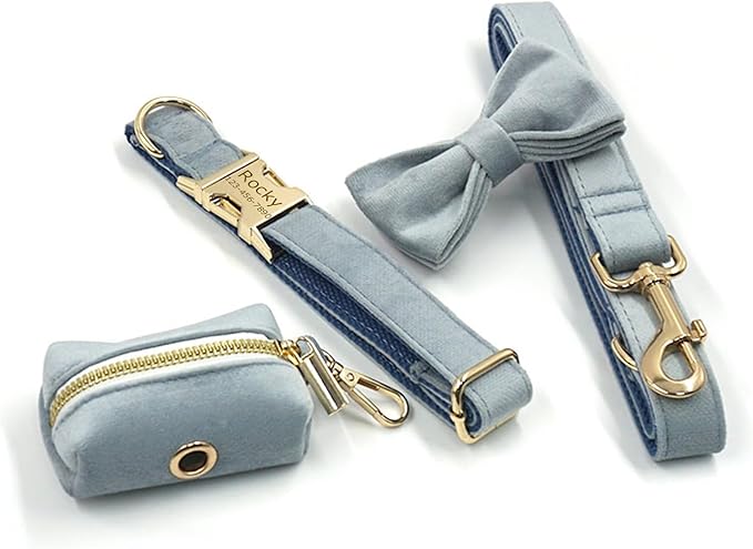Personalized Velvet Dog Collars with Pet Name Phone Number Engraved, Custom Adjustable Soft Collar with Metal Buckle for Small Medium Large Dogs, Dog Leash and Bow Tie Available -Haze Blue