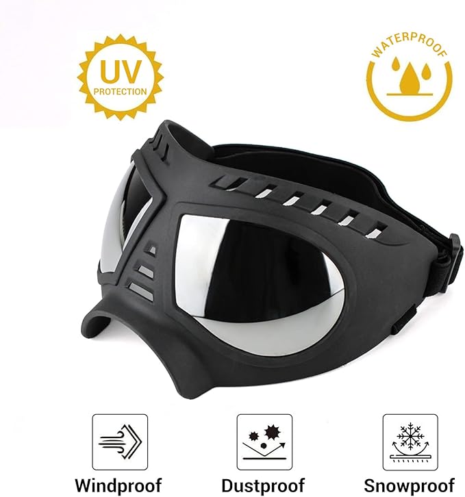 PETLESO Large Dog Goggles, Windproof Snowproof Anti-UV Dog Sunglasses for Medium to Large Breed Eye Protection, Soft Frame with Adjustable Straps, Black