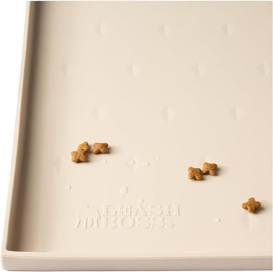 Leash Boss Waterproof Non-Slip Dog Bowl Mat - Dog Food Mat, Food-Grade Silicone Tray for Pet Bowls, XL, 25 x 17 in, Beige