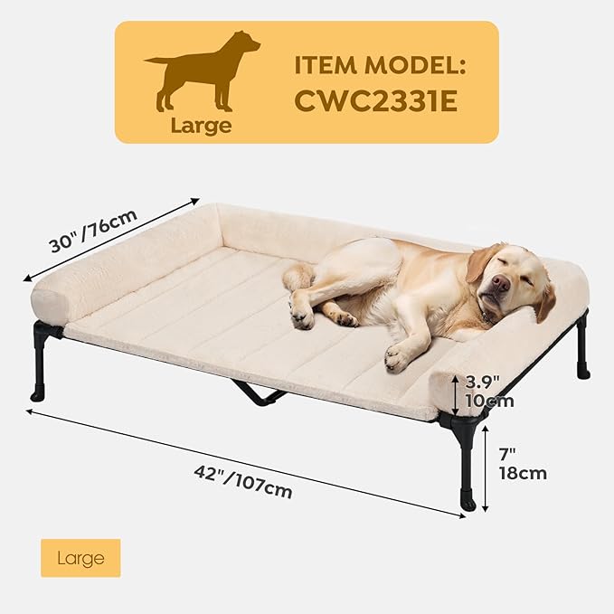 Veehoo Cooling Elevated Dog Bed with Fluffy Plush Bolster Cushion, Indoor Raised Dog Beds for Large Dogs, Soft Pet Sofa Cot with Removable Washable Mat, No-Slip Feet, 42 x 30 inches, Cream White