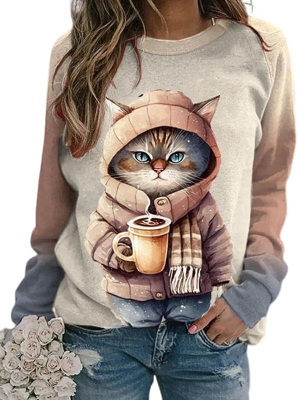 IVERIRMIN Womens 3D Cat Crewneck Sweatshirts Casual Cute Long Sleeve Shirts Pullover Tops Graphic Loose Fit Sweater for Women