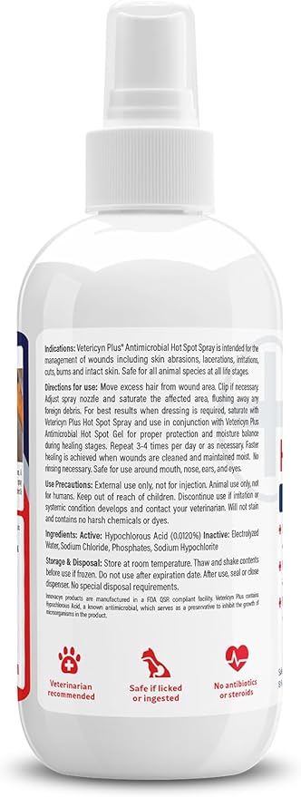 Vetericyn Plus Hot Spot Spray for Dogs Skin Sores and Irritations | Itch Relief for Dogs and Prevents Chewing and Licking at Skin, Safe for All Animals. 8 Ounces
