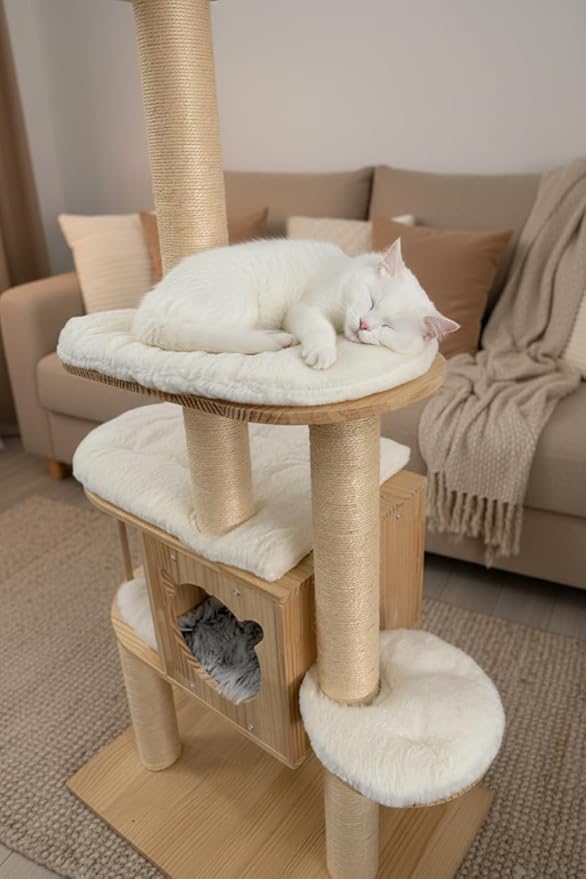 Multi-Level Pine Wood Cat Tree Tower for Indoor Large Cats – Solid Cat Condo House with Plush Beds - Sisal Scratching Posts – Sturdy Cat Furniture, 55", White