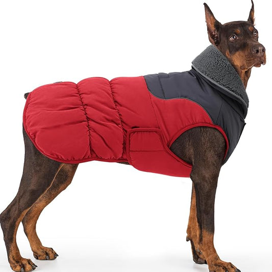 EMUST Dog Coats for Large Dogs, Reflective Warm Pet Fleece Jacket Snowsuit for Cold Weather with Furry Collar, Windproof Warm Fleece Dog Puffer Jacket, Red L