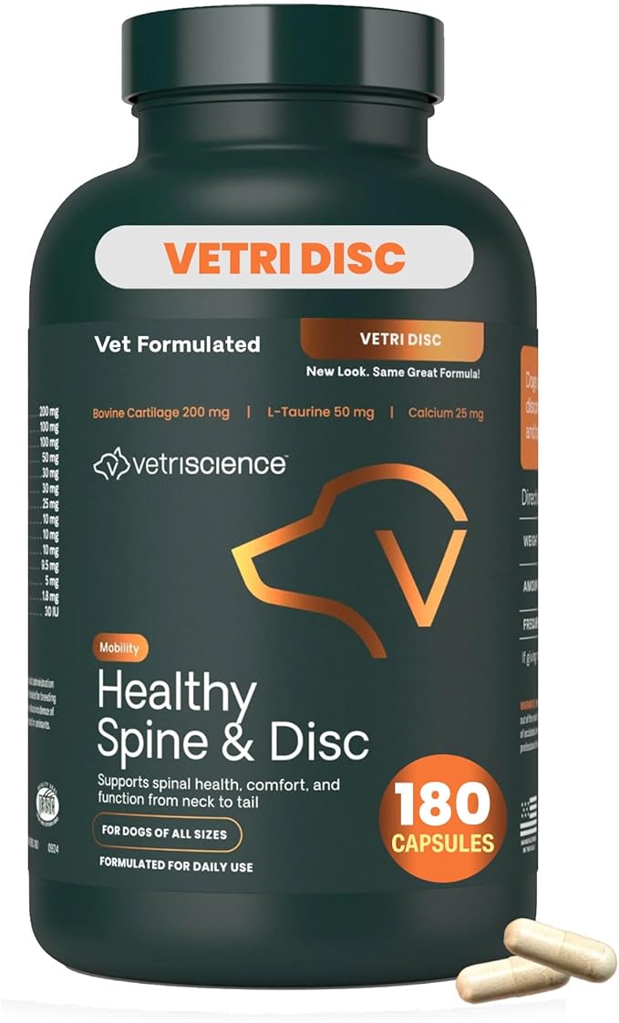 VetriScience Healthy Spine & Disc Easy-Open Capsules, Back and Spinal Support Chondroitin and Taurine Supplement for Dogs, Perfect for Dachshunds, Corgis, Frenchies, Basset Hounds & More, 180 Count