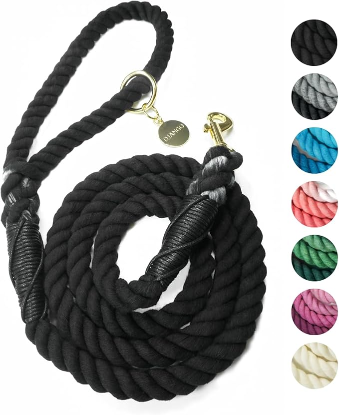 DJANGO Cotton Rope Dog Leash 5ft – Handcrafted Dog Leash and Black Braided Leash for Small, Medium, and Large Dogs – Durable 5 Foot Training Lead with Gold Hardware and Whipped Ends – Black