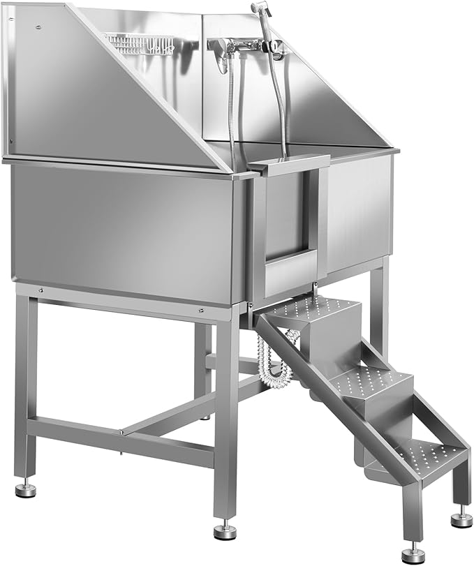 38" Dog Washing Station, Professional Stainless Steel Dog Bathing Station, Equipped with Anti-Slip Ramp, Removable Door, Upgraded Spray Nozzle&Hose - Ideal for Home, Pet Grooming Salon,L-RAMP