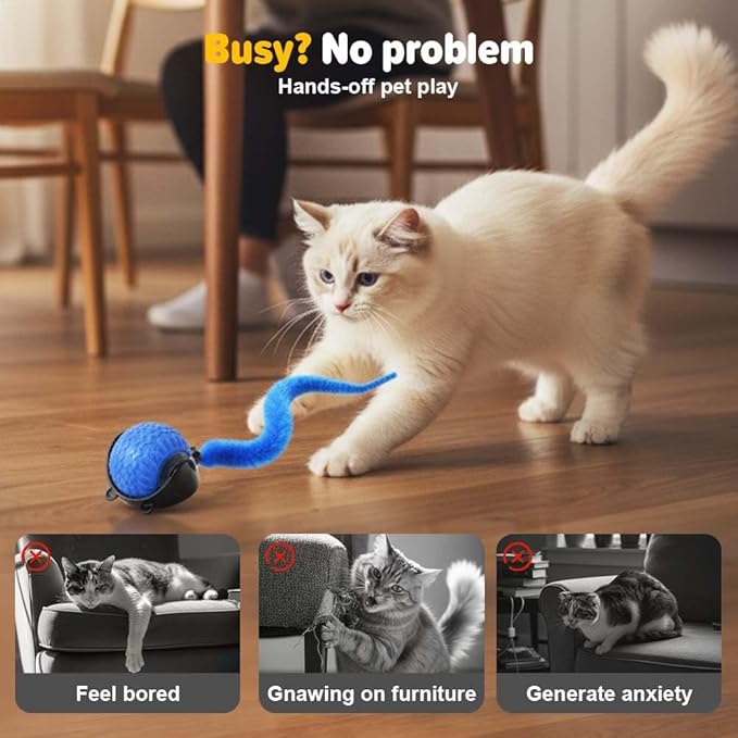 Cat Toys for Indoor Cats, 2025 New Interactive Cat Toy Ball, Automatic Moving Cat Toy for Indoor Use, Rechargeable Feather Tail Cat Toy with Stimulation for Small Medium Large Cats (2 * Blue)