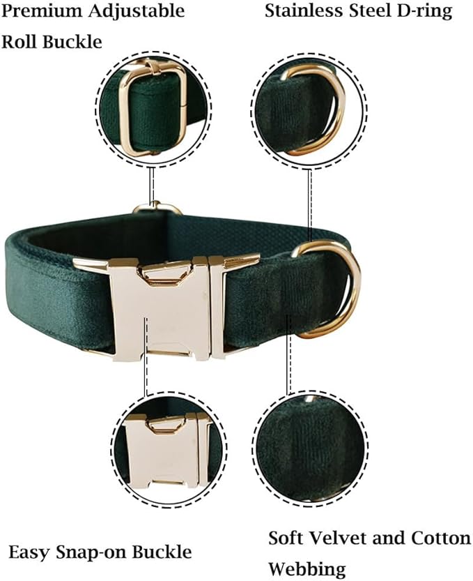 Velvet Dog Collar and Leash Set, Bright & Stylish Leash and Collar Set, Durable Pet Collars with Heavy Duty Quick Release Metal Buckle Adjustable for Samll Medium Large Dogs or Cats