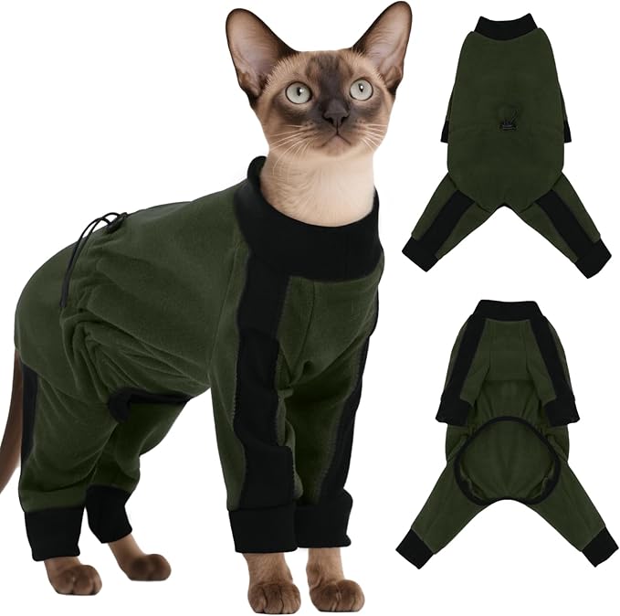 DENTRUN Cat Clothes with Anti-Shedding Fabric - Soft Recovery Suit & Breathable Lint-Resistant Cat Sweater for Wound Care & Hair Control, Kitten Onesie Pajamas, XXL, Army Green