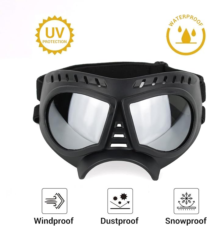 PETLESO Dog Goggles for Small to Medium Breeds, Small Dog Sunglasses UV Protection Windproof Snowproof, Outdoor Driving/Riding/Hiking Eyes Wear, Soft Frame Adjustable Straps, Silver Lens