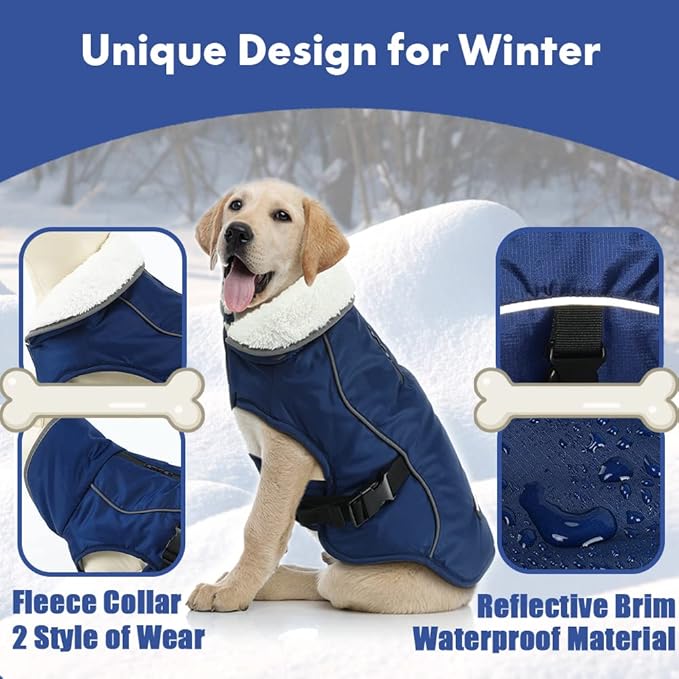 EMUST Dog Coat for Winter, Cozy Winter Jackets for Small/Medium/Large Dogs, Solid Color Dog Apparel for Cold Weather with Fleece Lining, Blue XXXL