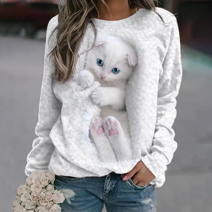 Women's Cat Print Long Sleeve Shirt Cute Casual Crewneck Pullover Top Lightweight Funny Graphic Tee