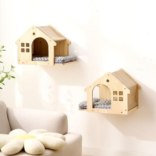SHENGOCASE Natural Wood Cat Wall Shelves Bed, 2-Pack, Wall-Mounted Box Condo House Perch, Cat Condo Furniture with Washable Pillow Cushions