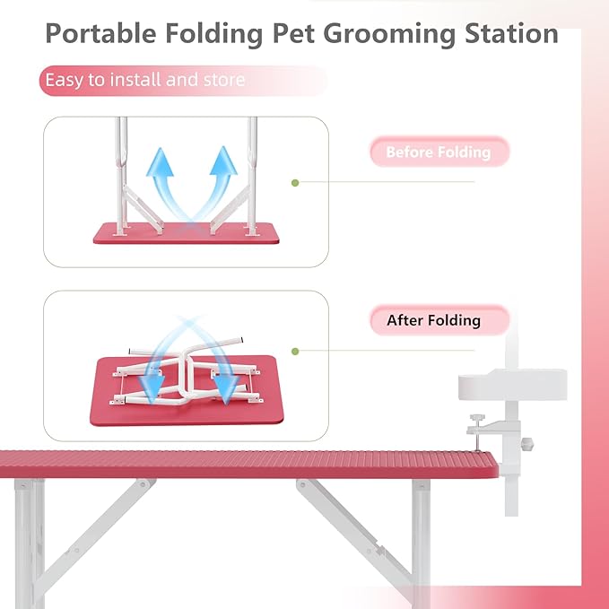 VFK 36''/47''Large Dog Grooming Table, Foldable Pet Station at Home, Dog Grooming Table,Adjustable Cat Drying Desktop with Arms, Nooses, Mesh Tray (Basic pet Table, 36" Pink)